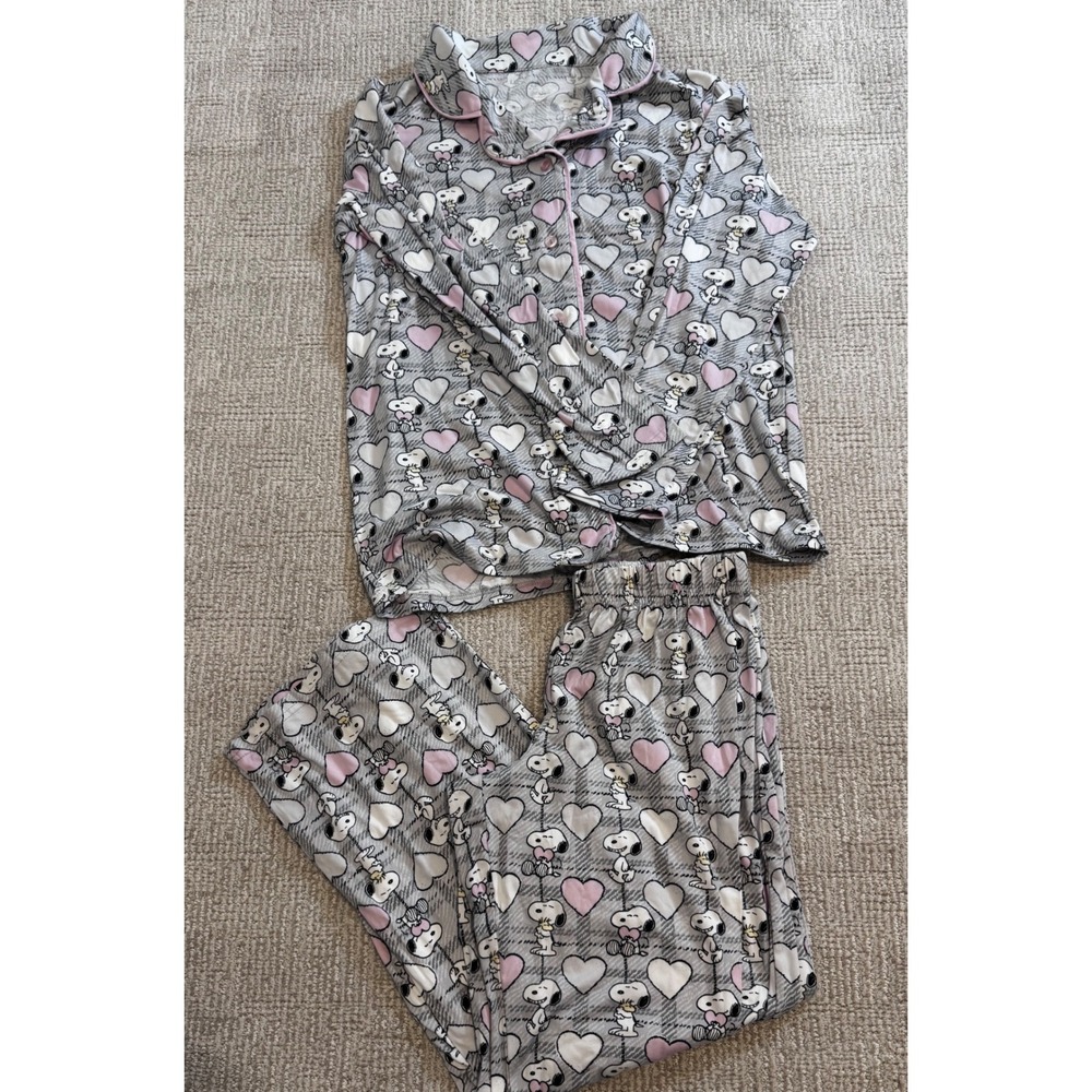 Munki Munki Peanuts Snoopy Heart Plaid Pajama Set Grey Pink Womens Size M